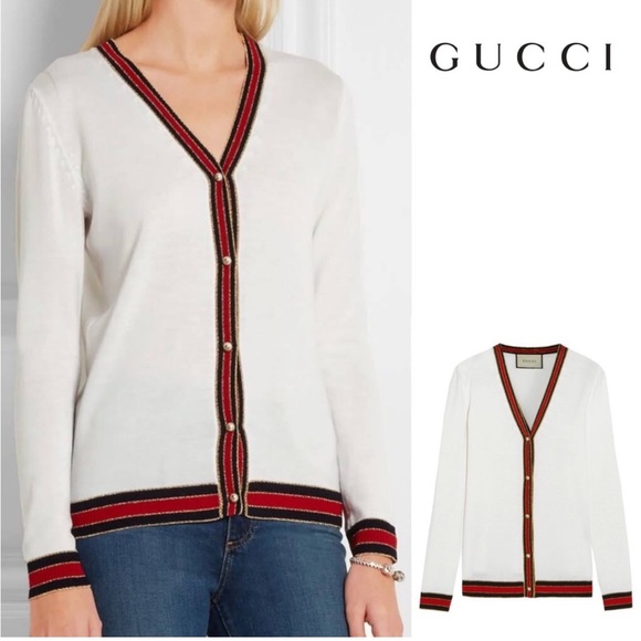 Gucci Sweaters - GUCCI • $1100 knit white button down striped trim cardigan sweater size small